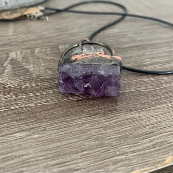 Tri-Quartz Point & Amethyst Copper Wrapped Necklace - Picture 7 of 9
